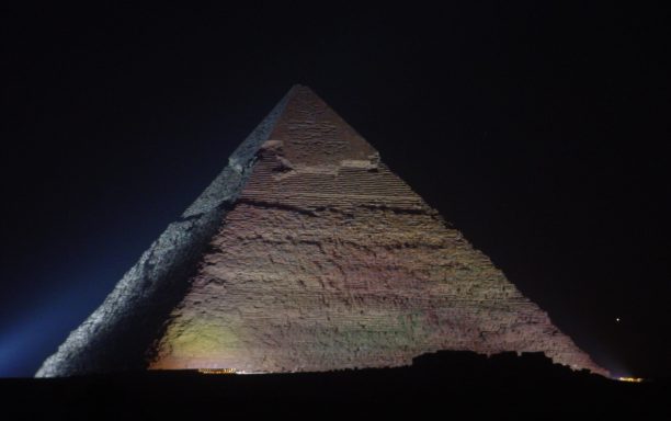 The Pyramid of Khafre at Giza, with its tura limestone casing stones still present at its peak.